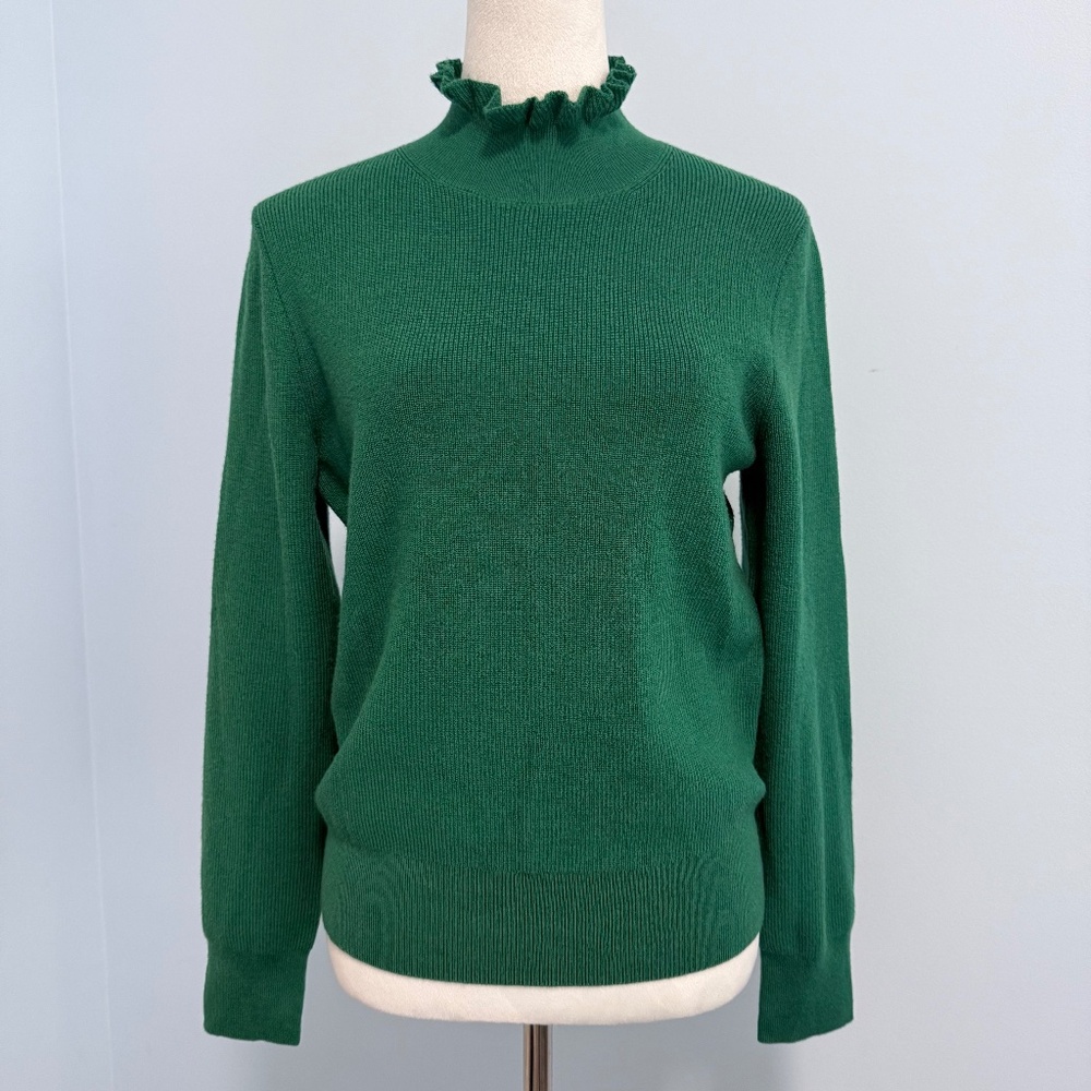 J Crew Women’s Merino Wool Ruffle Neck Green Sweater Size M